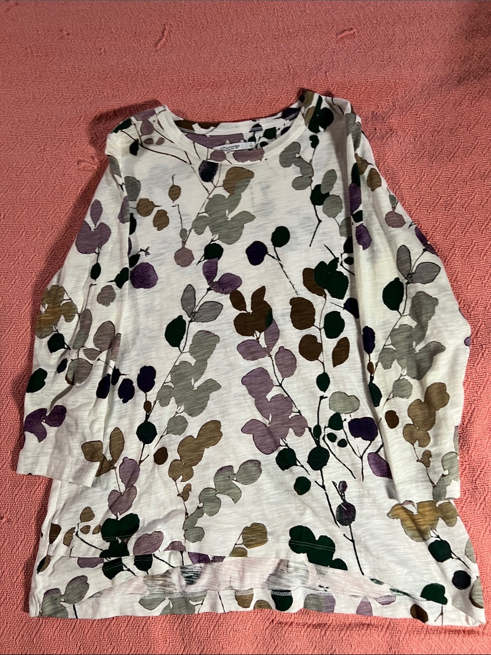 Women’s CHICO’s Floral Print Long Sleeve Top - White with Green, Purple, Brown